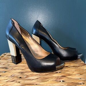 BCBGeneration Black Peep-Toe Block Heels 7.5